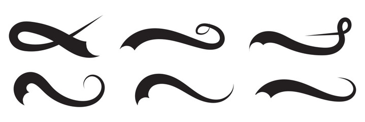 Set of Swoosh and swoop underline typography tails shape in flat styles. Brush drawn curved smear. Hand drawn curly swishes, swash, twiddle. Vectors calligraphy doodle swirl on white background.Vector