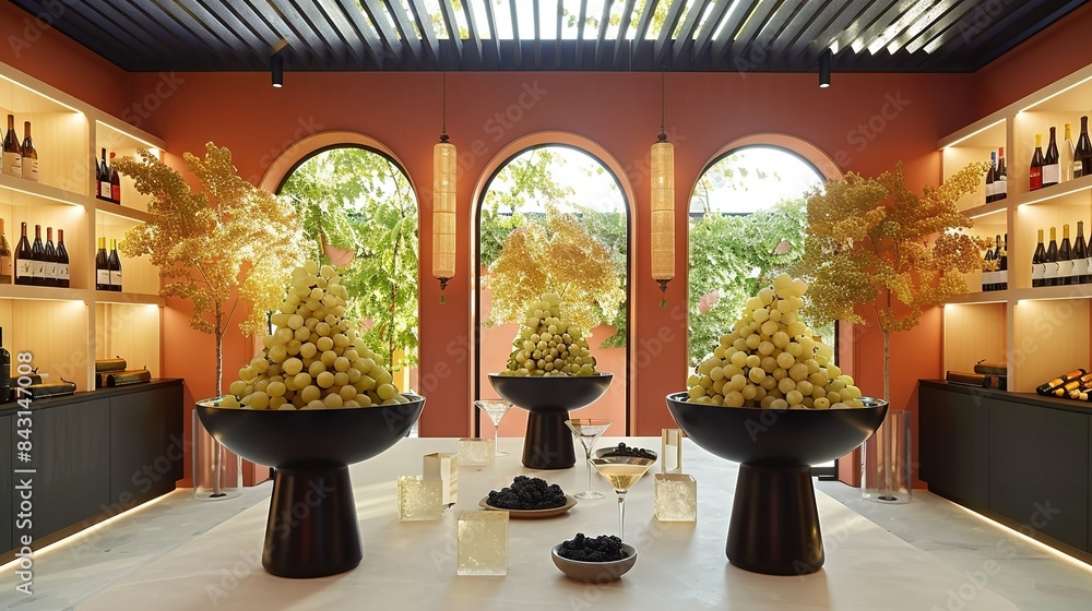 Poster a spacious room brimming with countless wine bottles and tables laden with vibrant grape bunches on 