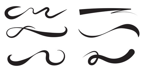 Swoosh and swash tails line and flat collection. Swooshes text tail for baseball design. Sports swash underline shapes set in retro style. Swish typography font element for athletics, football