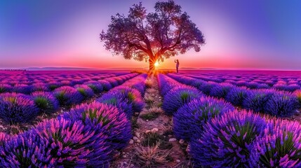 Fototapeta premium A man standing amidst a field of lavender with a tree at its center