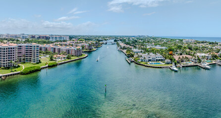 Obraz premium panoramic drone view of Lake Boca Raton, Florida with City