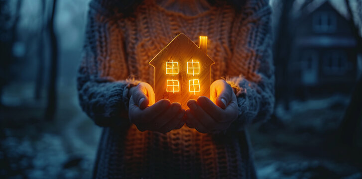 A person holding an illuminated house, symbolizing home and family security.