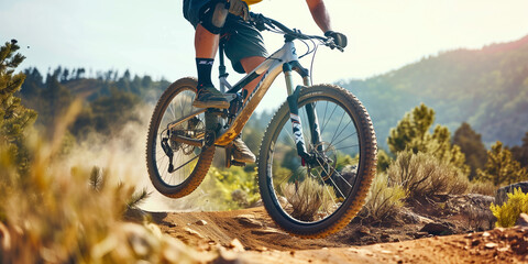 Naklejka premium Energetic Mountain Biker on Dusty Trail at Sunset Generative AI