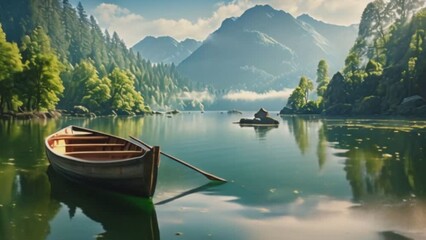A small rowboat drifting on the surface of a clear lake, with the reflections of nearby mountains creating a serene and picturesque setting - Powered by Adobe