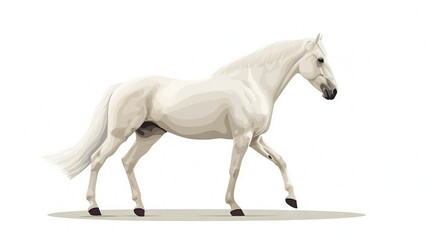 Fototapeta premium A white horse stands on a white background with a shadow of its head on its hind legs