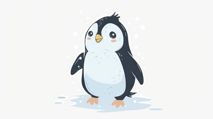 Fototapeta premium A penguin stands in snow with one foot and one leg elevated