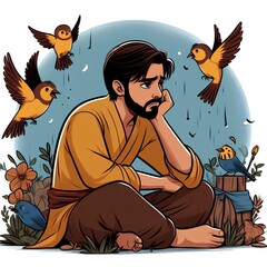 Sad mode, young man, vector 