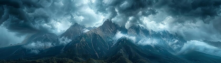 Intense storm clouds forming above a mountain range, with the turbulent sky and jagged peaks highlighting the raw power and beauty of nature