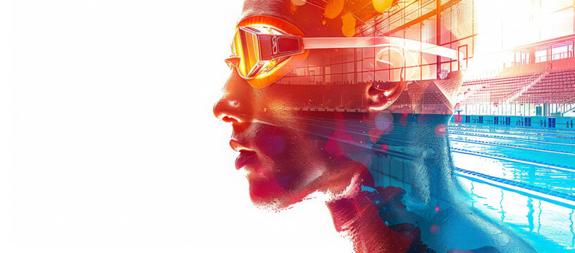 Double exposure illustration of a swimmer with goggles and a swimming pool in the background - Powered by Adobe