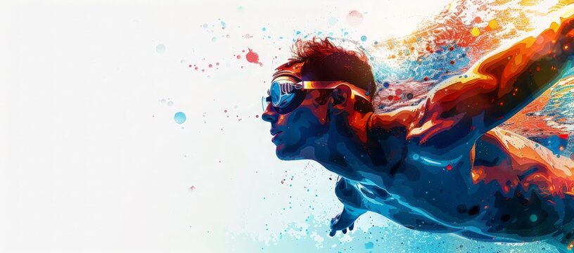 Abstract image of a swimmer mid-jump, rendered in a double exposure style