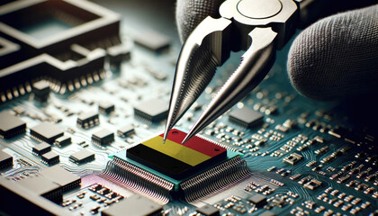 Precision engineering: Tweezers positioning a microchip adorned with the Belgium flag on a circuit board, symbolizing Belgium tech innovation