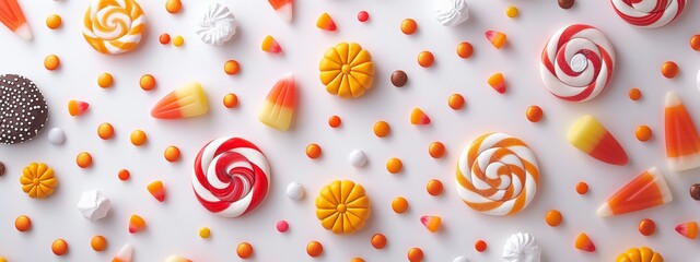 Minimalistic and bright setup of Halloween candy, with a variety of colorful candies and treats, isolated on a white background. The clean design captures the festive and cheerful spirit.
