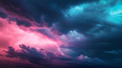 Fototapeta premium A dramatic sky filled with swirling, turbulent clouds in vivid pink and blue hues. The intense colors and dynamic cloud formations create a striking and surreal atmospheric scene.