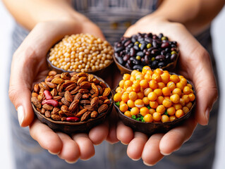 Farmer holding four bowls containing different types of beans and seeds

