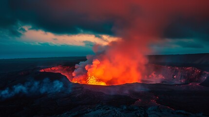 Fototapeta premium Molten lava spews from the Kilauea volcano in Hawaii, lighting up the night sky with a fiery glow. The volcano is one of the most active in the world.