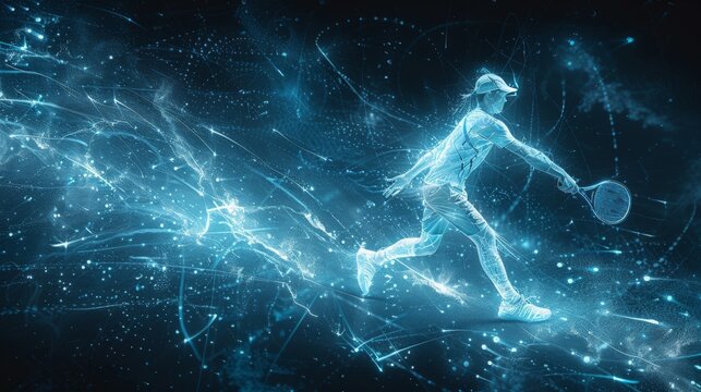 Tennis player swings their racket in a dynamic pose, with their body appearing to be enveloped in a luminous blue digital storm - Powered by Adobe