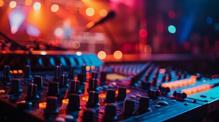 With a soft and out of focus background the intricate setup of sound and lighting equipment in the event space serves as a reminder of the complex