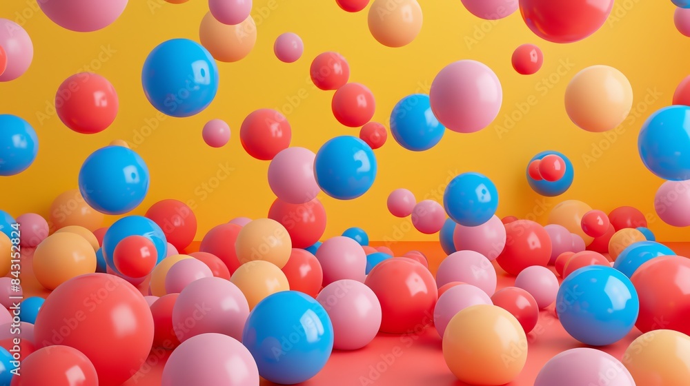 Poster 3d rendering of a colorful and playful scene with a lot of balls in different colors falling in a br