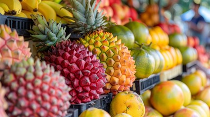Close-up of various exotic fruits including pineapples, bananas, and melons at a street market