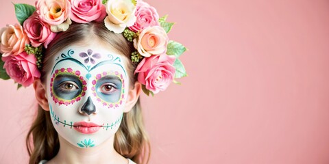 Gothic Girl with Skull Face Paint and Rose Hair Decor - Professional Stock Photo