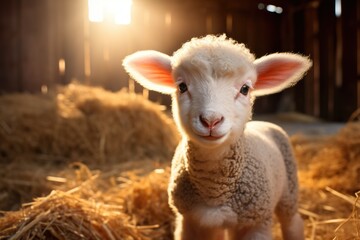 Fototapeta premium A baby sheep with a fluffy white coat and big round ears, sitting in a barn with hay and a sunlit background.