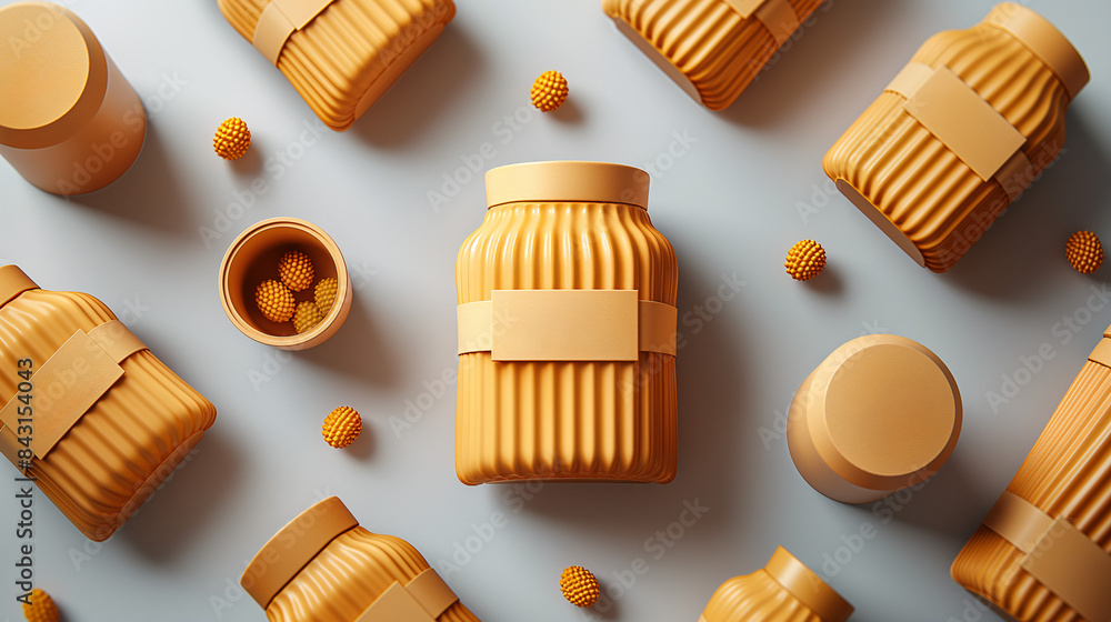 Poster a flat lay photo of various yellow jars with fluted textures and small orange flowers arranged on a 
