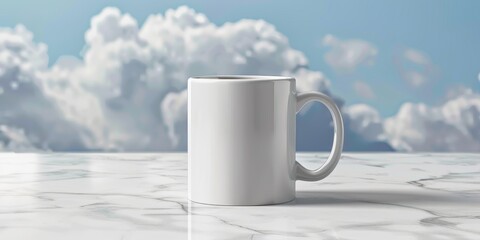 Obraz premium White mug on marble surface with blue sky background