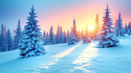 Pine trees covered with heavy snow stay on top of the rock, taiga, Siberian forest at Winter panoramic view 