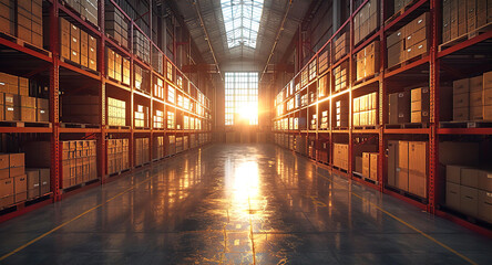 Fototapeta premium Ware house for dry wood materials, big storage with shelves industrial interior