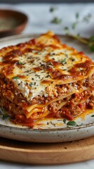 Delicious Homemade Lasagna Layered with Savory Meat and Melted Cheese on Ceramic Plate.