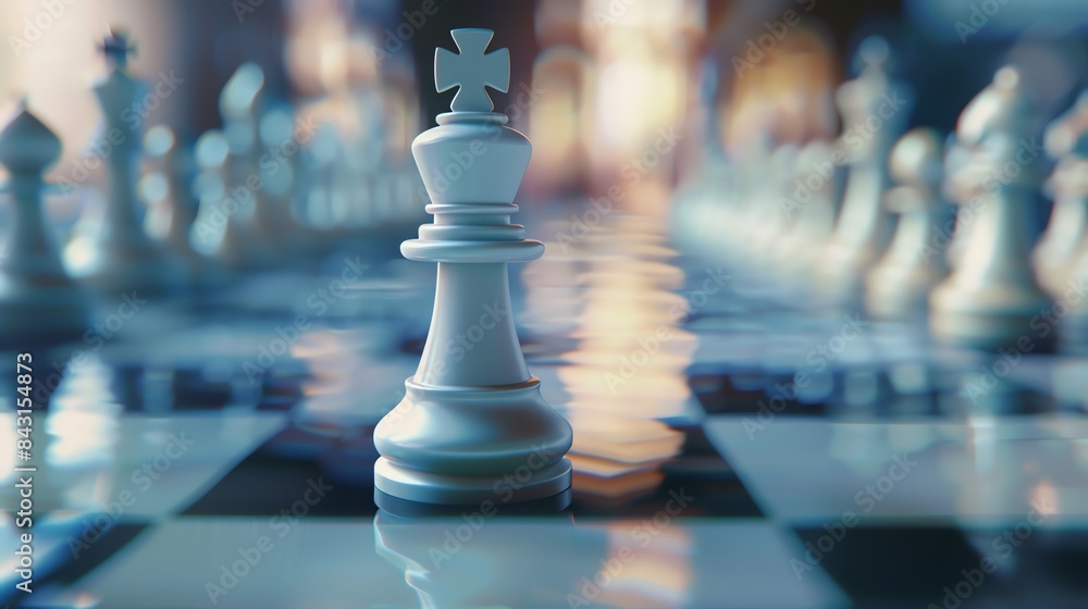 Poster 3d rendering of a chessboard with a white king in the center. the king is in focus, while the other 