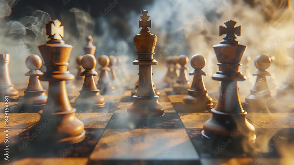Aufkleber the image is a 3d rendering of a chessboard with the white pieces in the foreground and the black pi