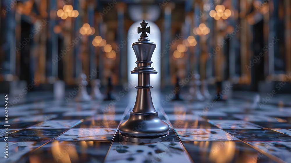 Poster 3d rendering of a chess king in a luxurious setting. the king is made of dark metal and stands on a 