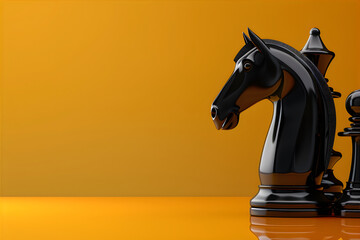 Close-up of chess pieces on a yellow background with copy space. Close up International Chess Day concept.