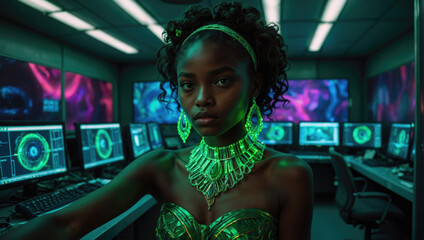 Obraz premium portrait of a young 20 year old African American woman with black curly hair in a cyber room full of computers as a background