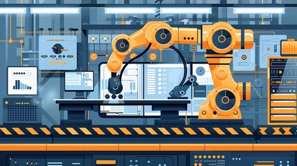 Flat design digital manufacturing technology with automated robotic arms, smart factory setting