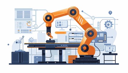 Flat design digital manufacturing technology with automated robotic arms, smart factory setting
