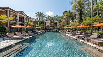 refreshing poolside setting with lounge chairs, umbrellas, and crystal-clear water