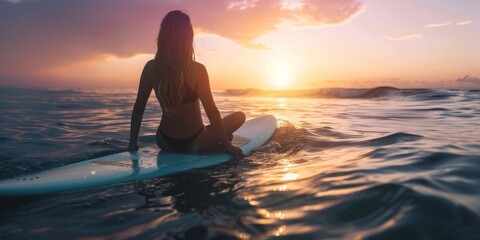 Fototapeta premium Woman surfing on the ocean at sunset