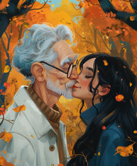 An elderly man and a young woman close together with a dynamic autumnal background and bright colors