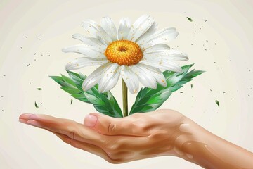 A hyper-realistic hand delicately presents a blooming daisy, suggesting themes of offering and serenity