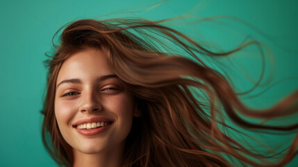 Fototapeta premium Beautiful long-haired woman having fun on a green background. Young woman posing indoors.