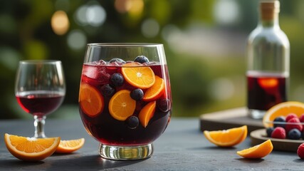 Fototapeta premium Chilled Sangria Glass Filled with Red Wine, Orange Slices, Berries, and Ice Cubes, Placed on a Patio Table