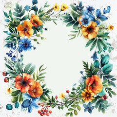 Exquisite Botanical Design: A Round Wreath Composed of Delicate Leaves and Blooming Flowers