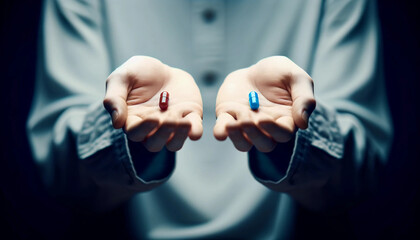 Two hands holding out a red pill and a blue pill towards the camera