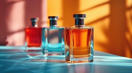 Elegant Collection of Perfume Bottles Displayed Against a Vibrant Colored Background