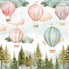 Obraz premium Whimsical Sky with Pastel Hot Air Balloons, Clouds, and Trees: A Charming Illustration Ideal for Nursery Decor and Print