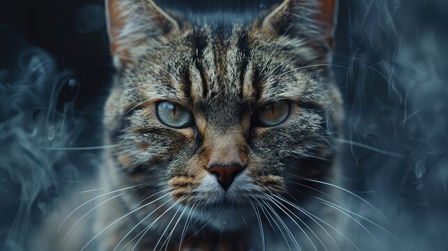 Mystical Cat Portrait: An Intriguing Watercolor Illustration Over a Dark Blue Background