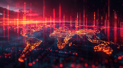 Visual Representation of Global Financial Markets: World Map and Illuminated Bar Graphs Depicting Data Trends