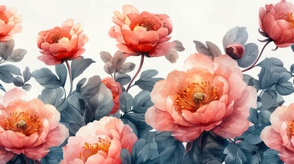 Delicate Watercolor Illustration of Peony Pink Flowers, Seamless Pattern for Elegant Designs